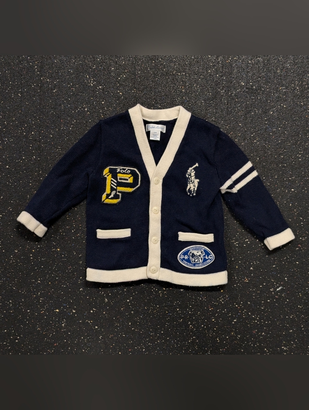 Polo Ralph Lauren Baby Boy's V Neck Cotton Cardigan Patches Navy Bulldog Sz 12M